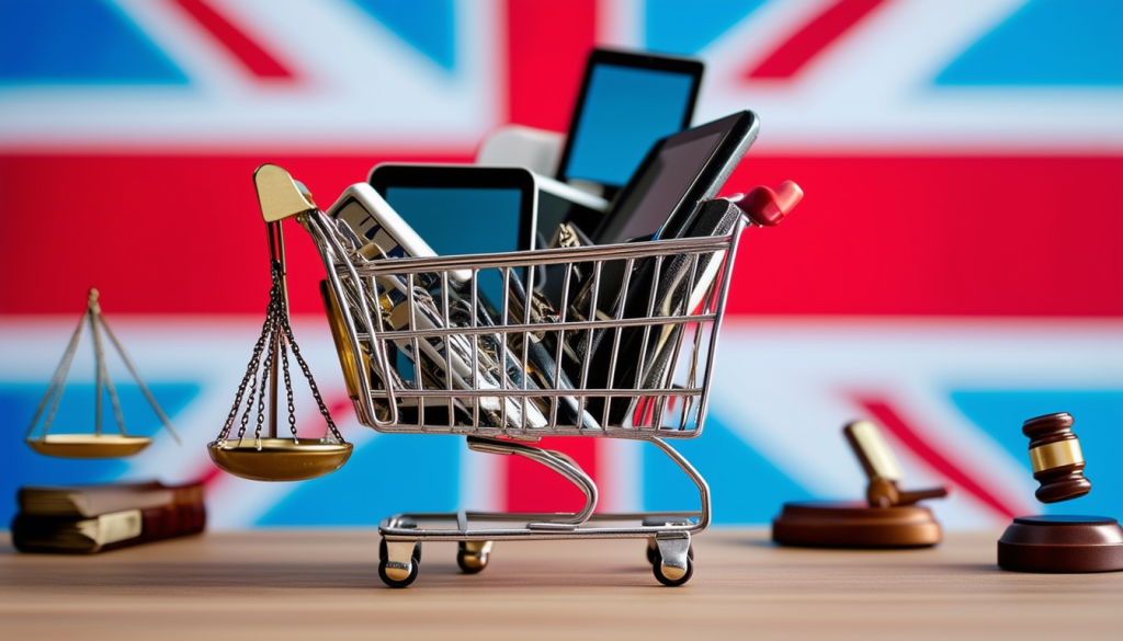 Shopping cart with electronics, scales of justice, UK flag.