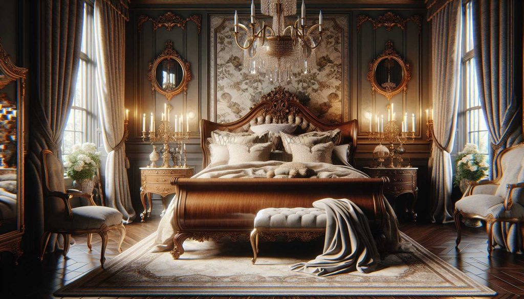 Luxurious vintage bedroom interior with chandelier and elegant decor.