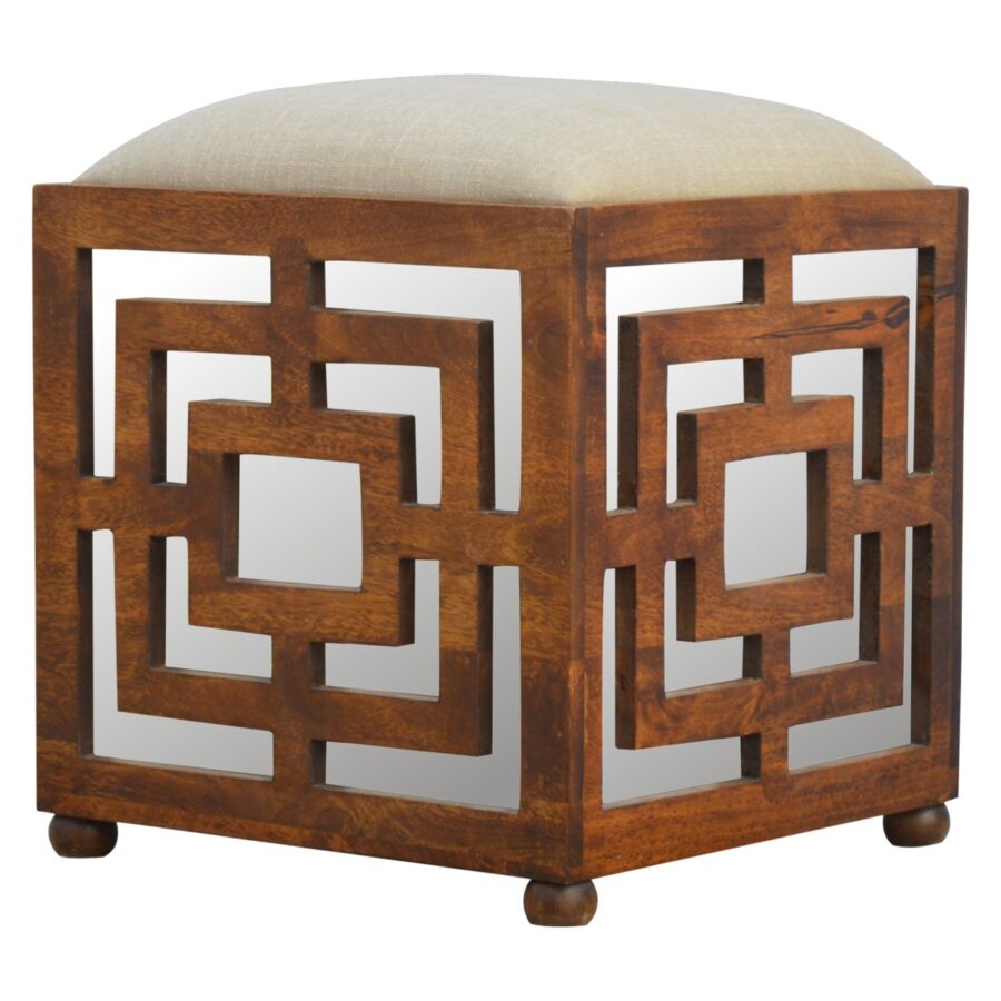 Hand Carved Square Footstool with Linen Seat Pad