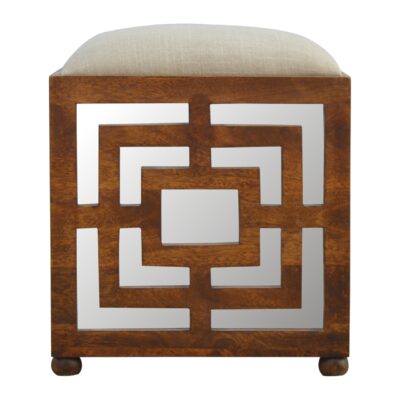 Hand Carved Square Footstool with Linen Seat Pad