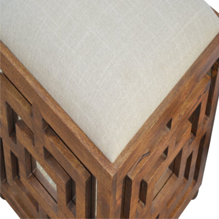 Hand Carved Square Footstool with Linen Seat Pad