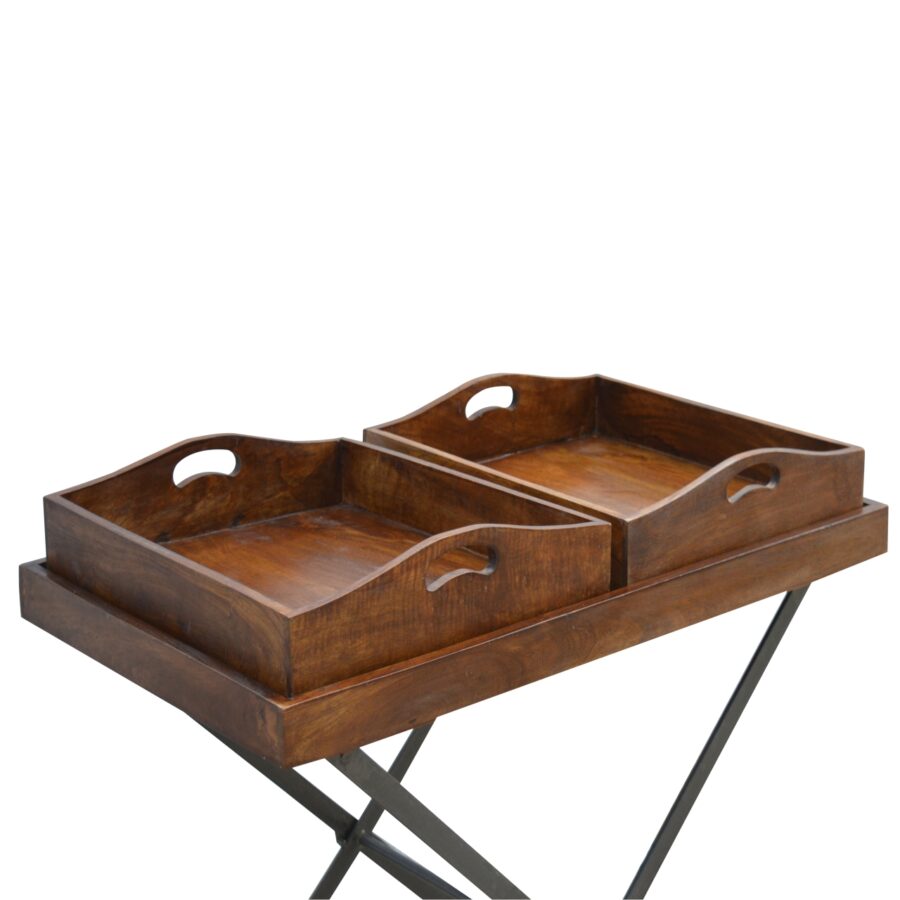 Industrial Butler Tray with Metal Cross Legs and 2 Wooden Trays