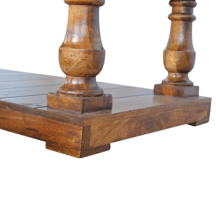 Mesa de centro campestre cuadrada con patas torneadas de madera maciza