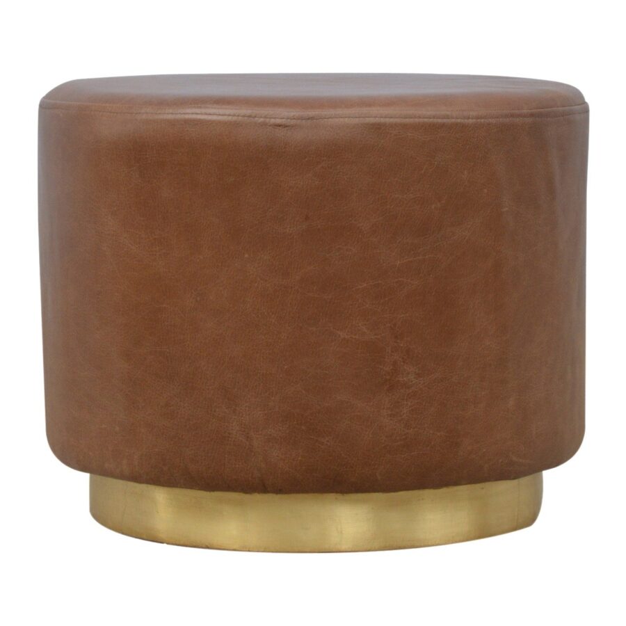 Brown Buffalo Leather Footstool with Gold Base