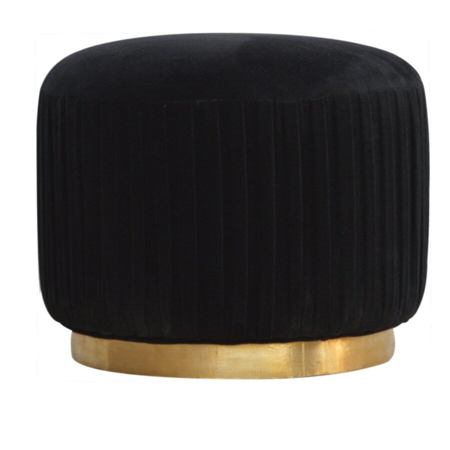 Black Cotton Velvet Pleated Footstool with Gold Base