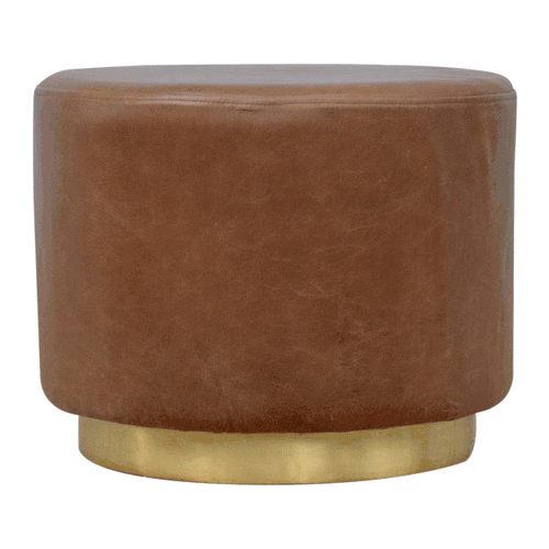 brown buffalo leather footstool with gold base