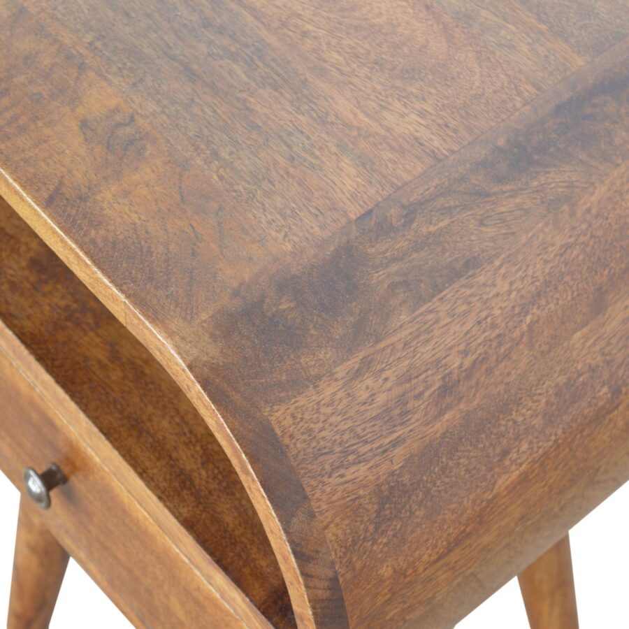 chestnut circular bedside with open slot