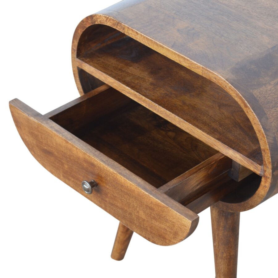 chestnut circular bedside with open slot