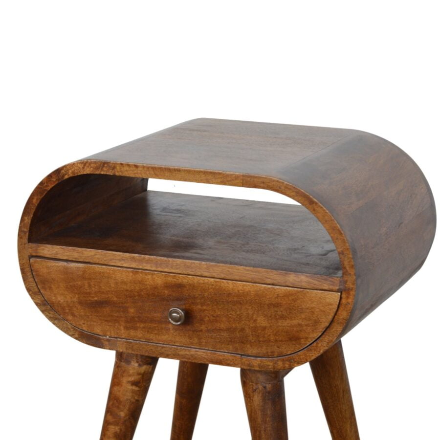 chestnut circular bedside with open slot