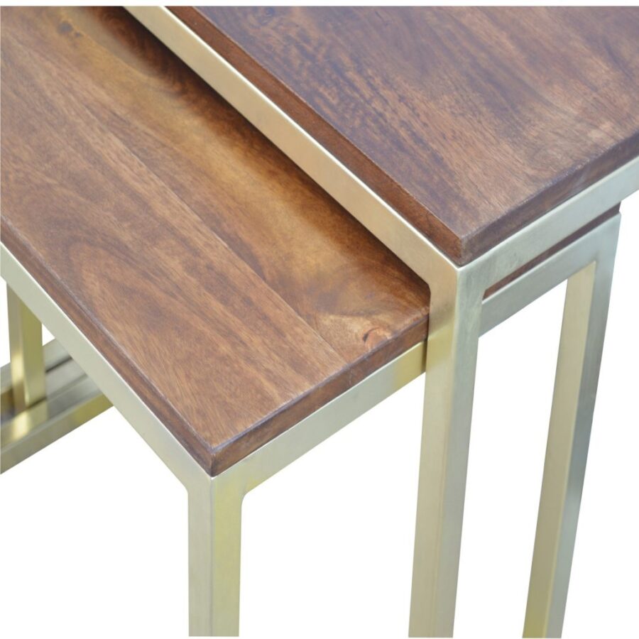 IN302 - Solid Wood & Iron Gold Base Table Set of 3