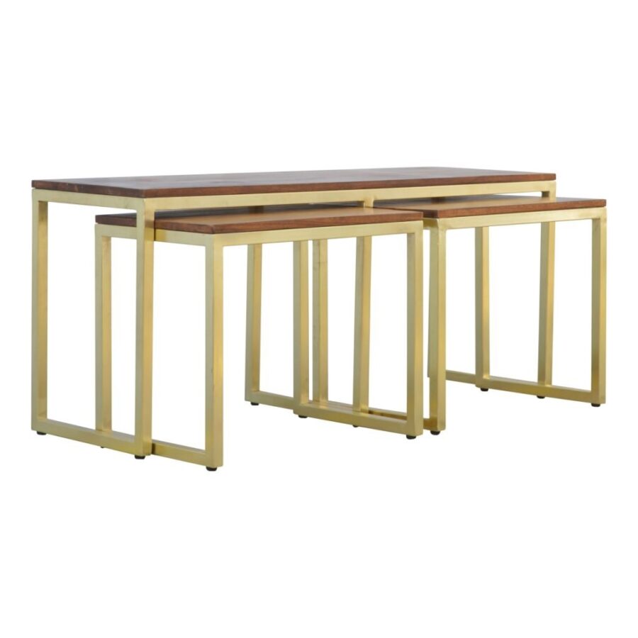IN302 - Solid Wood & Iron Gold Base Table Set of 3