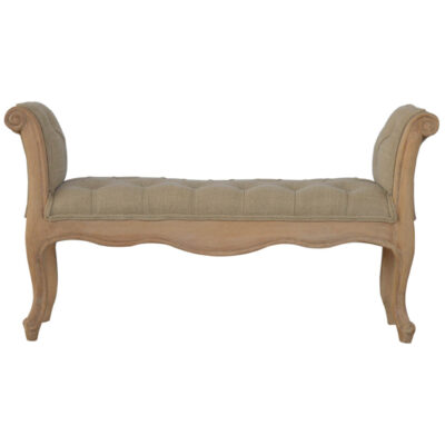 IN165 - French Hand Carved Bedroom Bench Upholstered in Mud Linen
