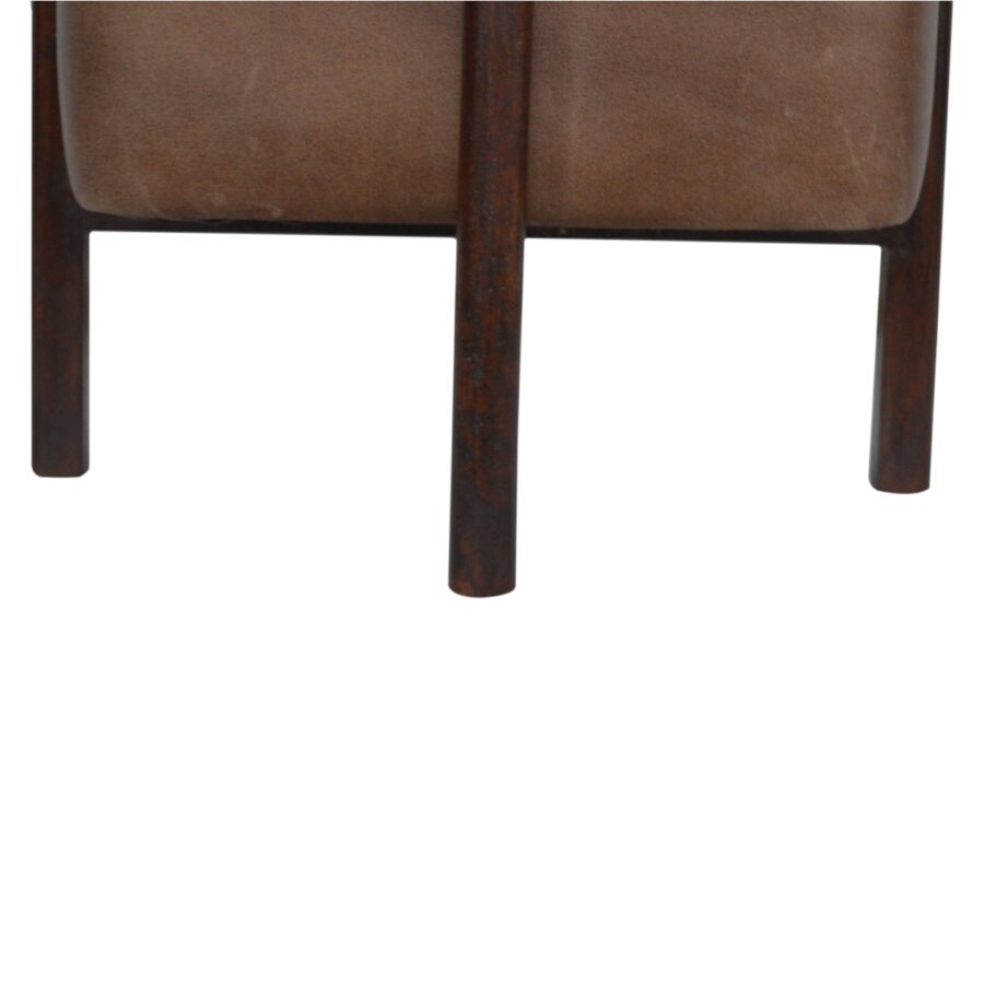 Brown Leather Footstool with Solid Wood Legs