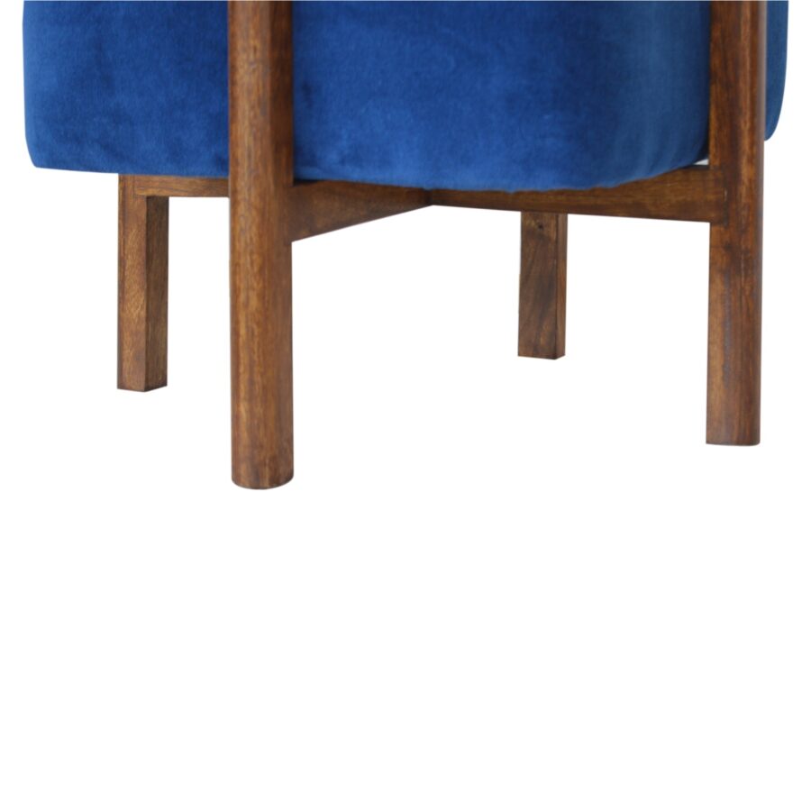 Royal Blue Velvet Footstool with Solid Wood Legs