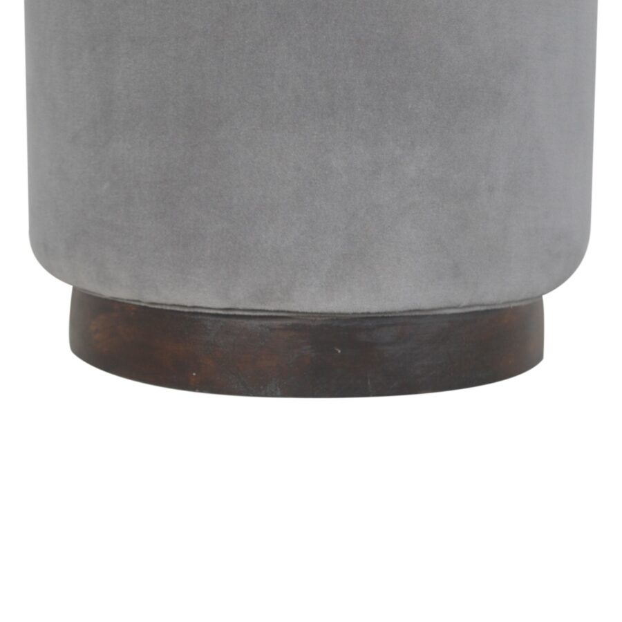 Grey Velvet Footstool with Wooden Base