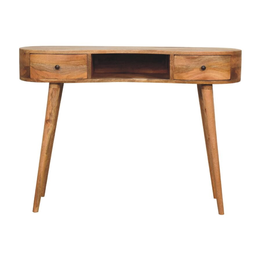 oak ish wave writing desk with 2 drawers