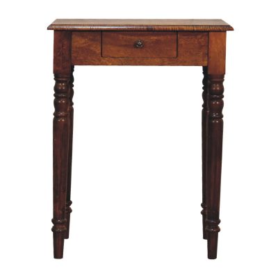 Narrow wooden side table with single drawer