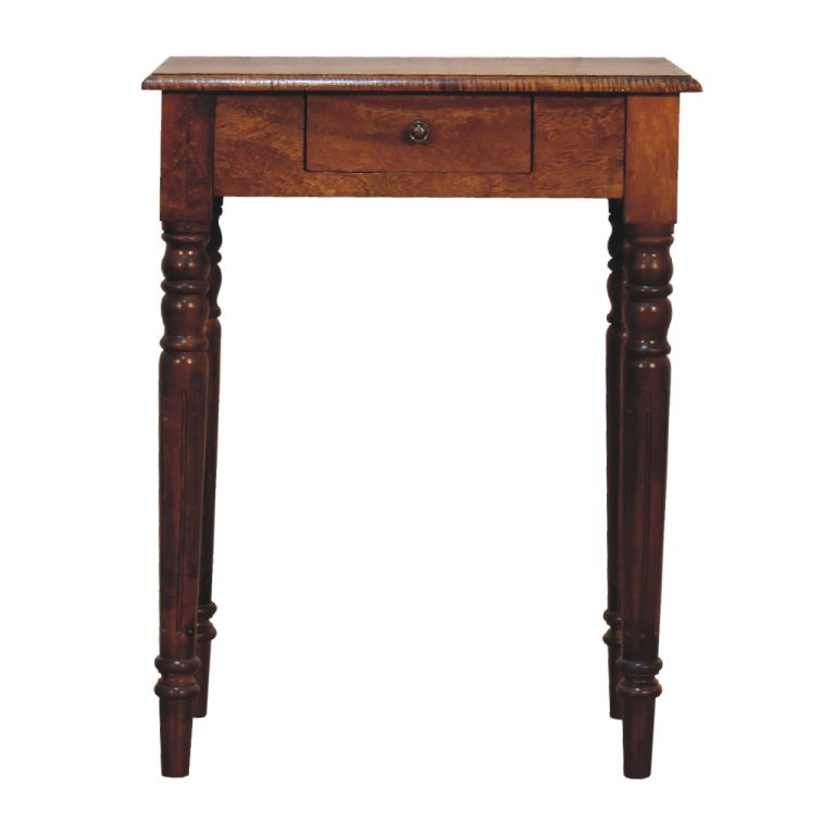 Narrow wooden side table with single drawer
