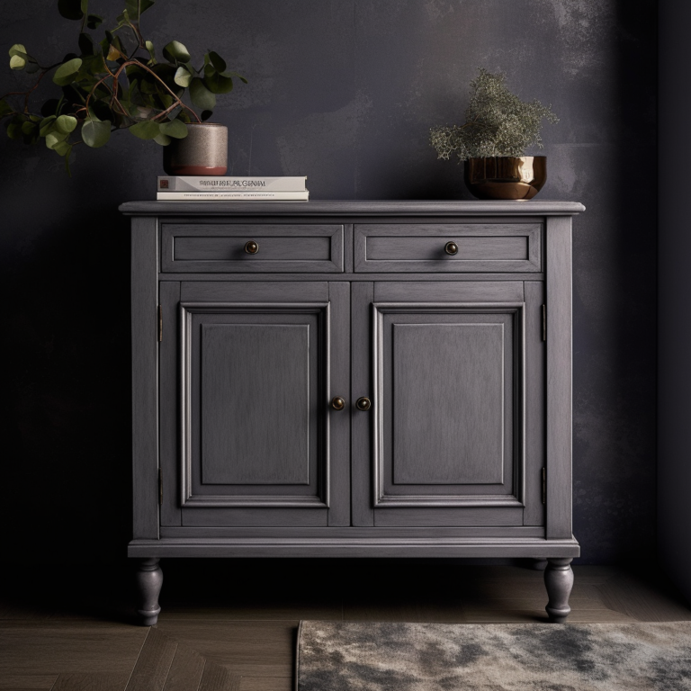 gray small console table with two doors and wooden knob