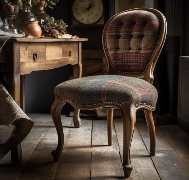 tweed upholstery and beaded patterned back this chair
