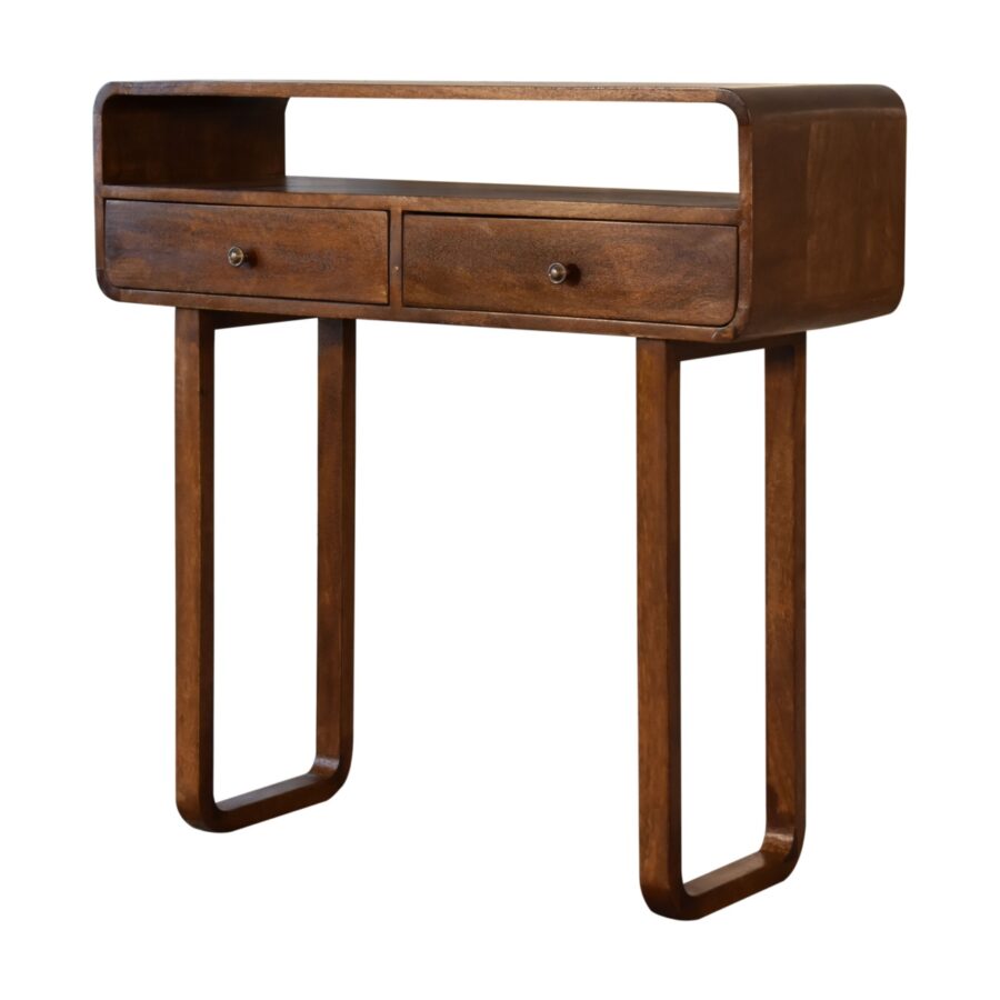in2133 u curved chestnut console table