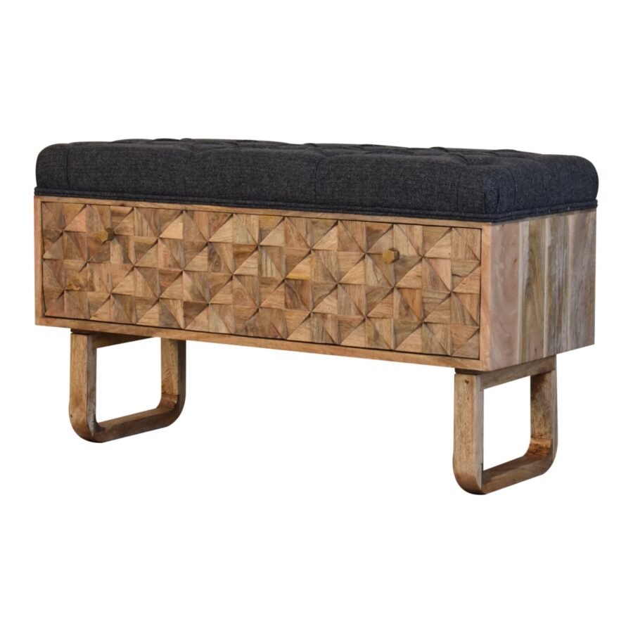 in2145 u shape diamond carved black tweed storage bench