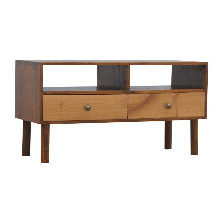 in545 solid wood media unit with 2 open slots and 2 oak wood front drawers