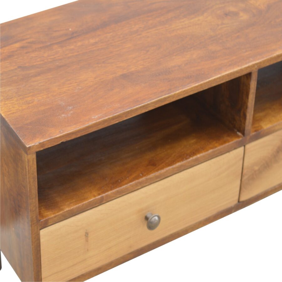 in545 solid wood media unit with 2 open slots and 2 oak wood front drawers