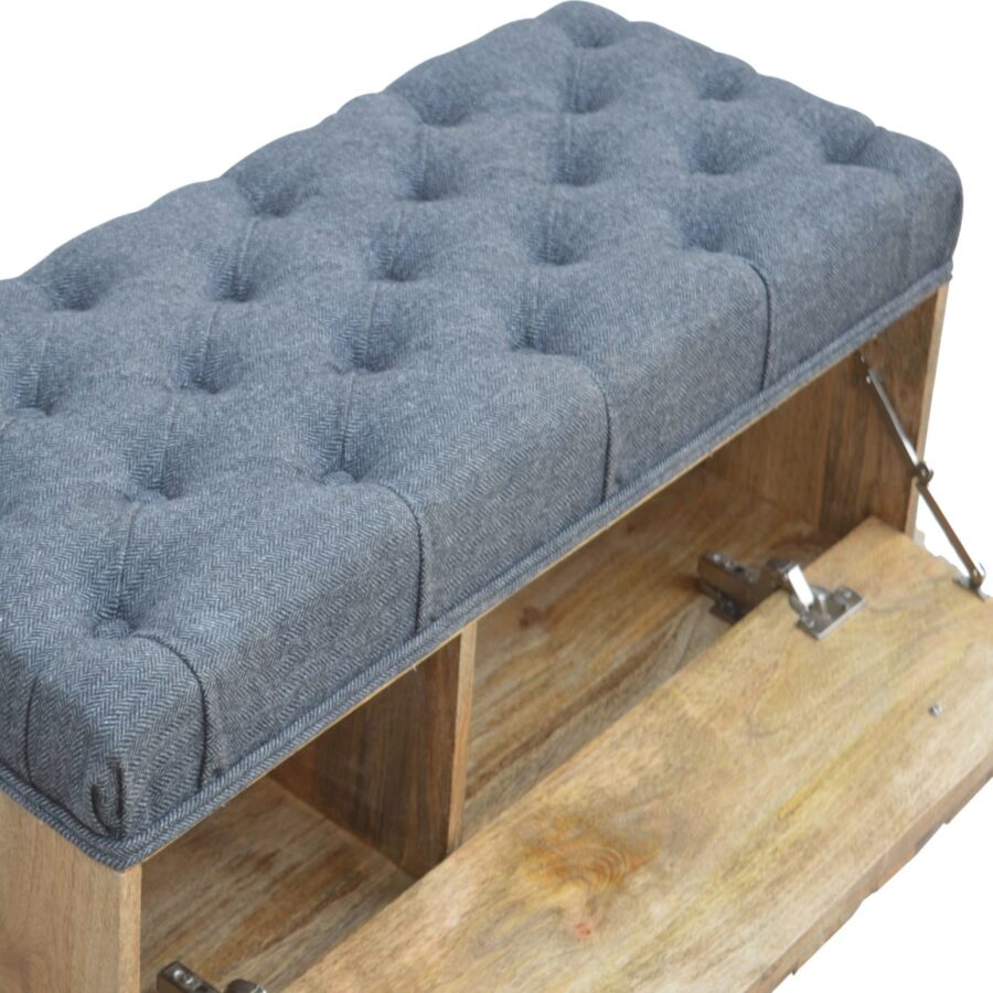 in735 diamond carved grey tweed storage bench