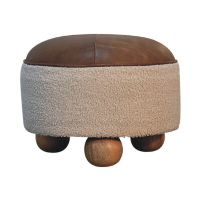 in3499 boucle cream buffalo leather footstool with ball feet