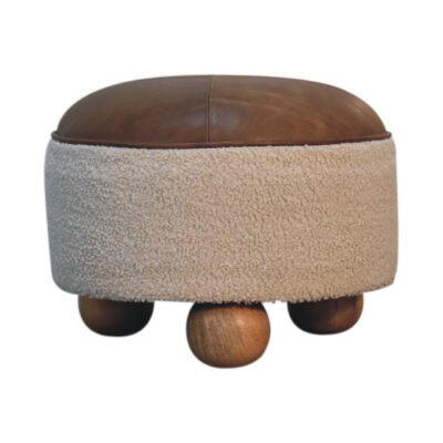 in3499 pouf boucle en cuir de buffle crème avec pieds boule