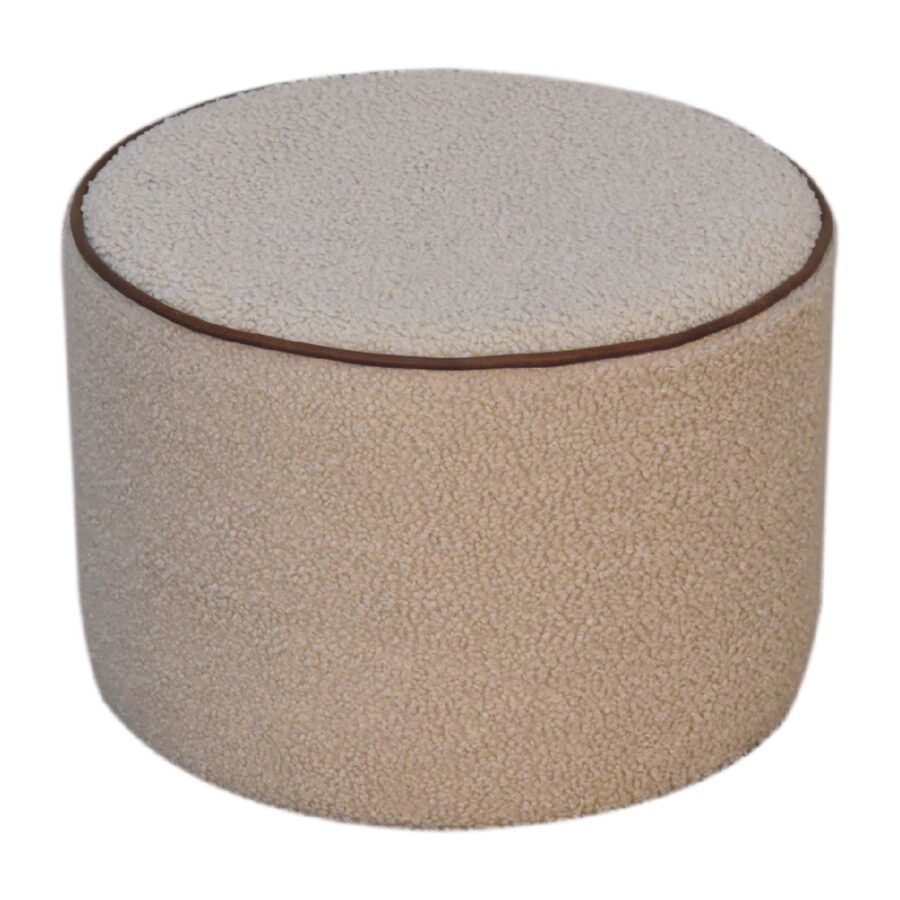 in3503 boucle round footstool with bufallo leather piping