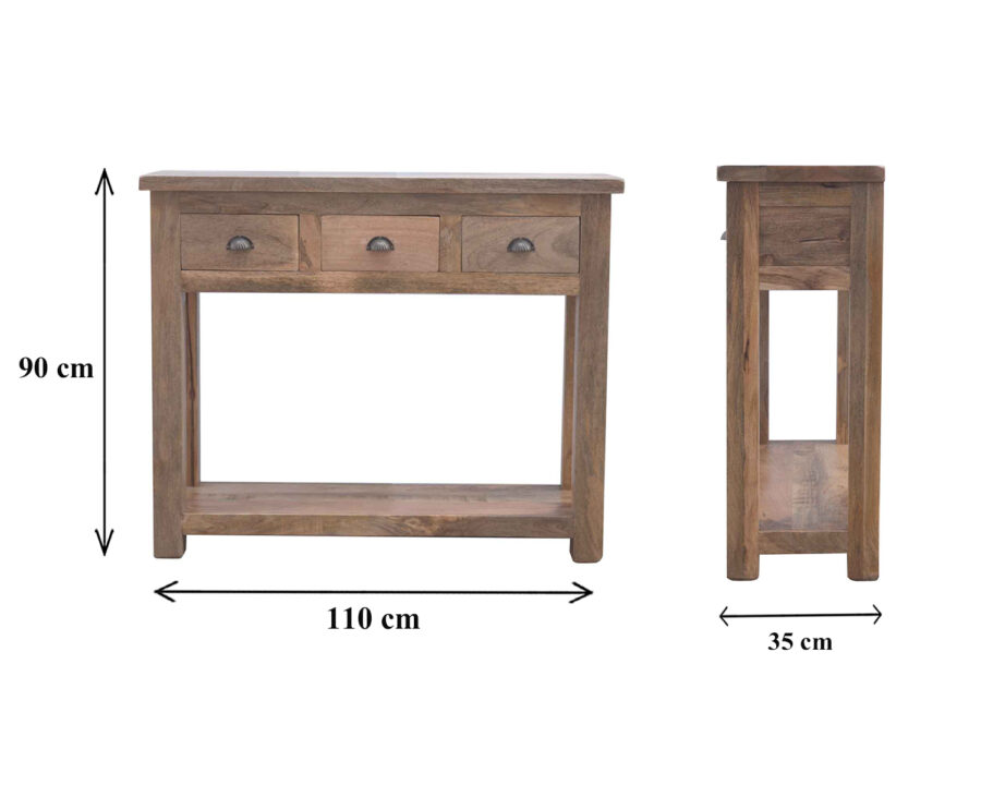 mesa console de corredor em madeira maciça com 3 gavetas