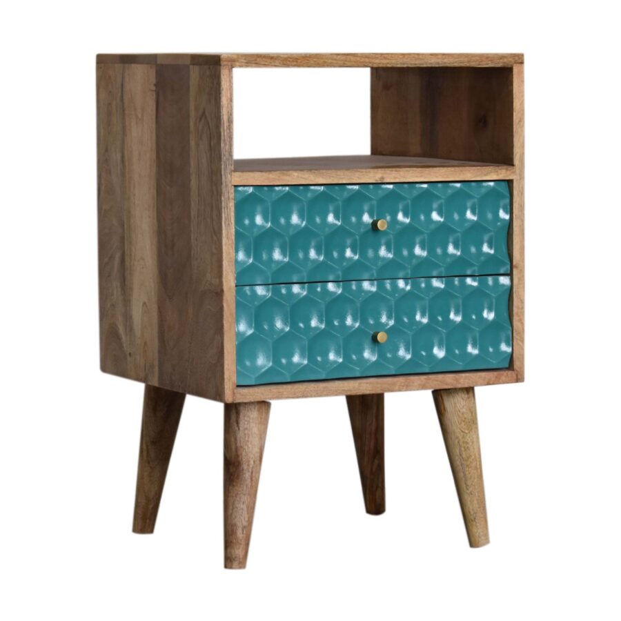 in1706 honeycomb carved teal bedside with open slot