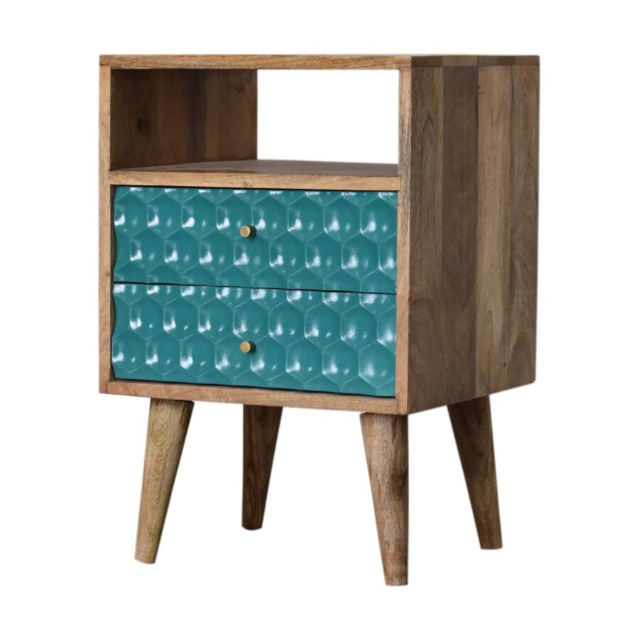 in1706 honeycomb carved teal bedside with open slot