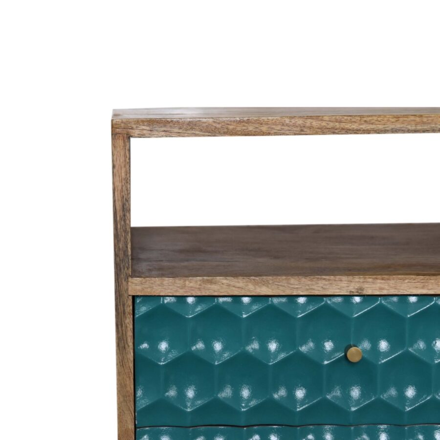 in1706 honeycomb carved teal bedside with open slot