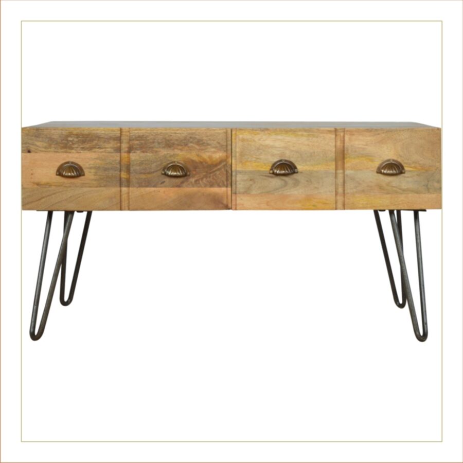 table basse avec base en fer et 2 tiroirs