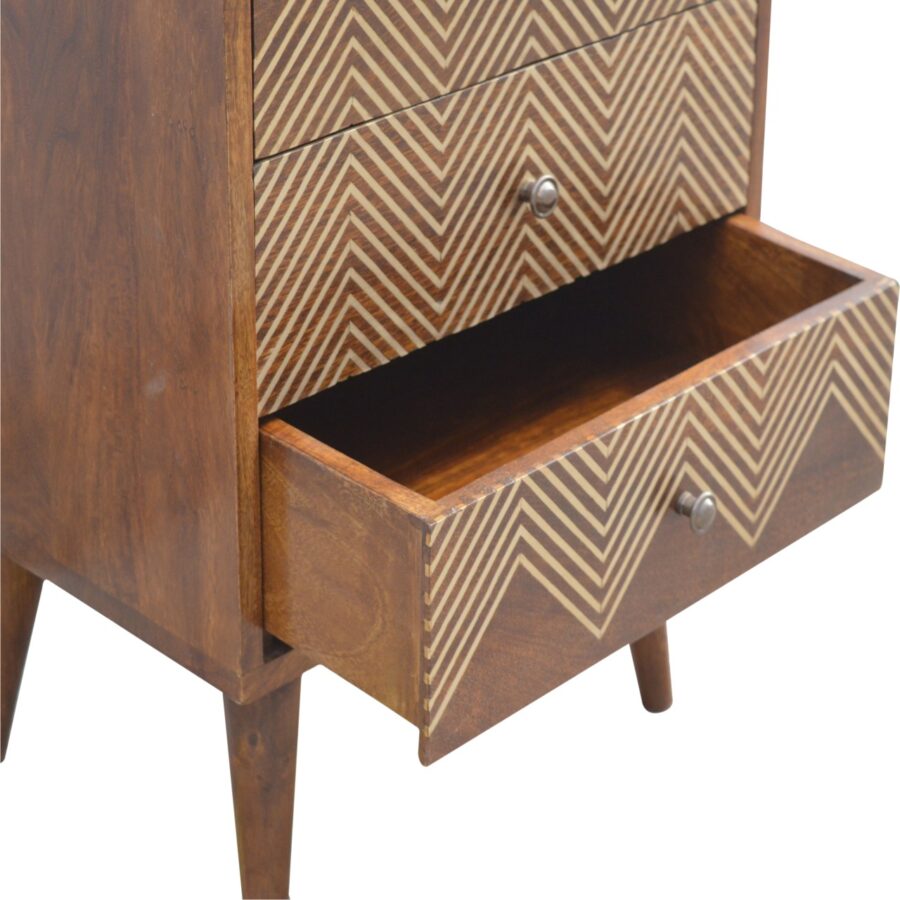 chestnut end table with gold inlay