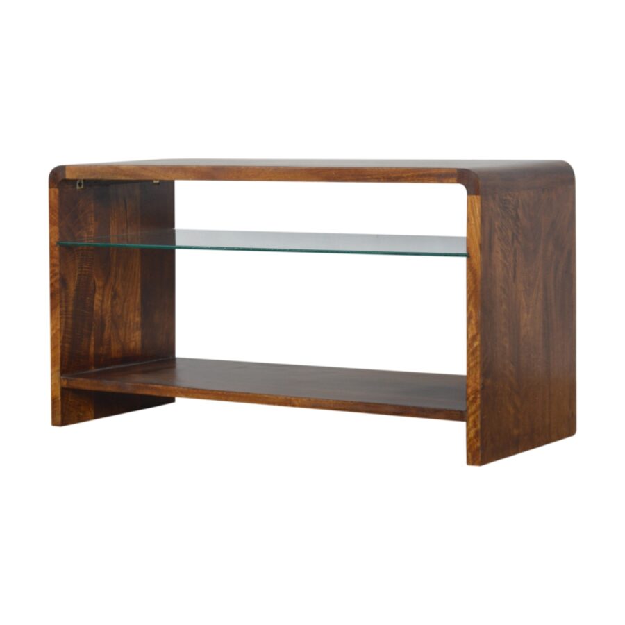 chestnut glass shelf media unit