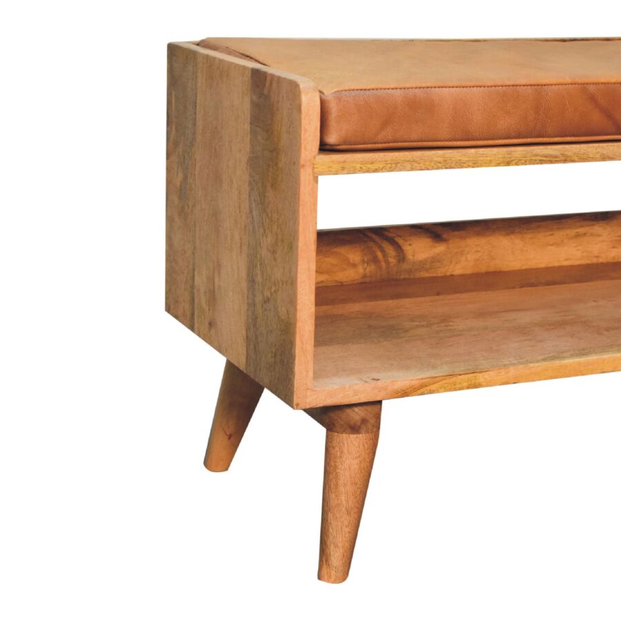 in3584 oak ish bench with tan leather seat pad