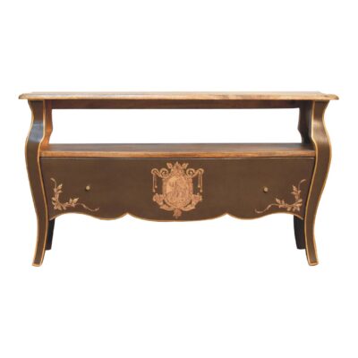 Antique wooden console table with ornate crest design.