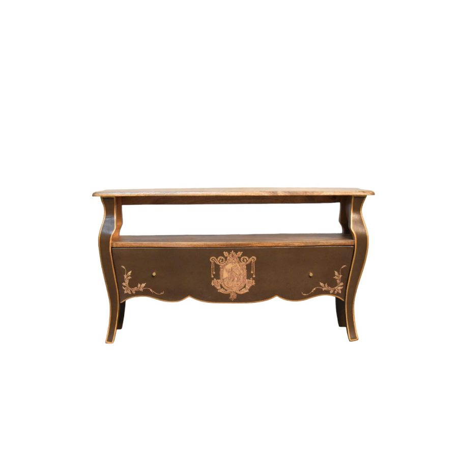 Antique-style wooden console table on white background.