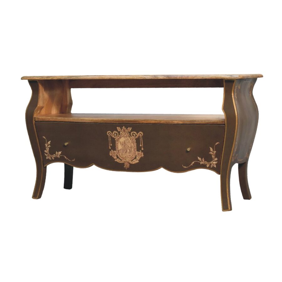 Antique-style brown wooden console table with ornate design.