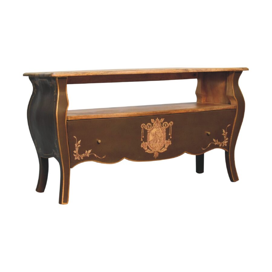 Antique-style wooden console table with ornate inlay design.