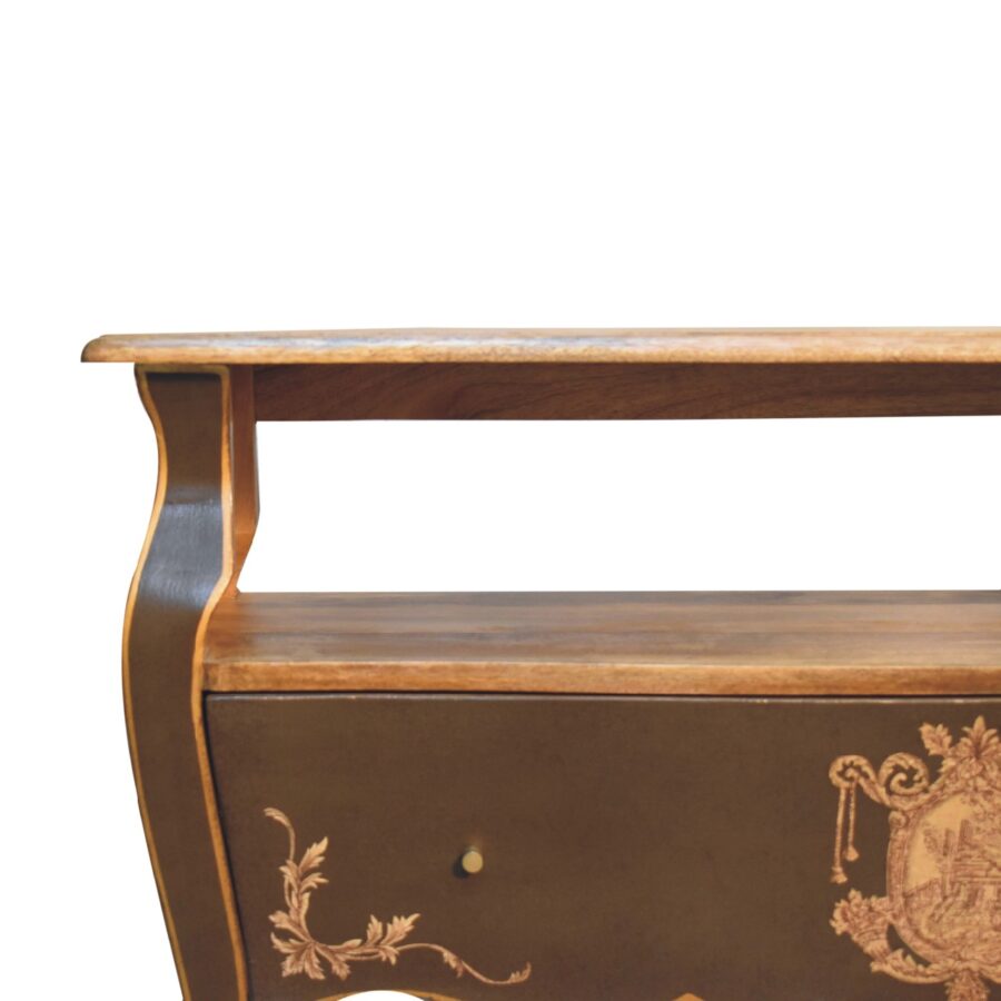 Antique wooden console table with ornate design.