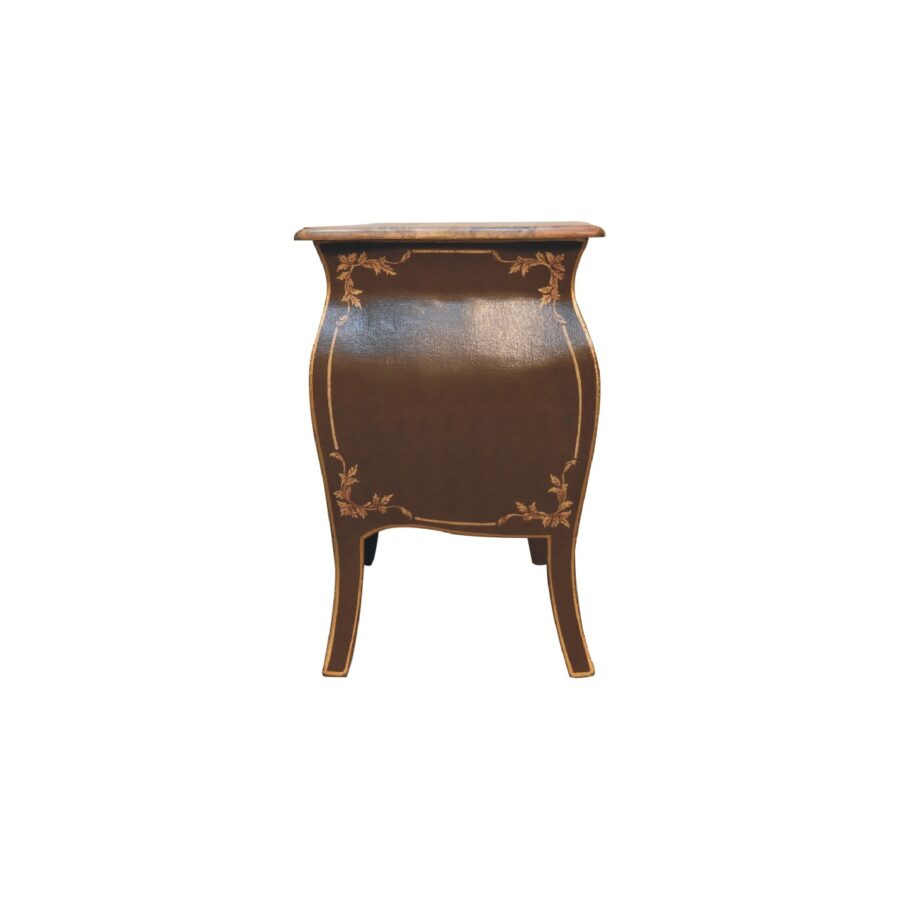 Antique-style brown wooden bedside table with gold accents.