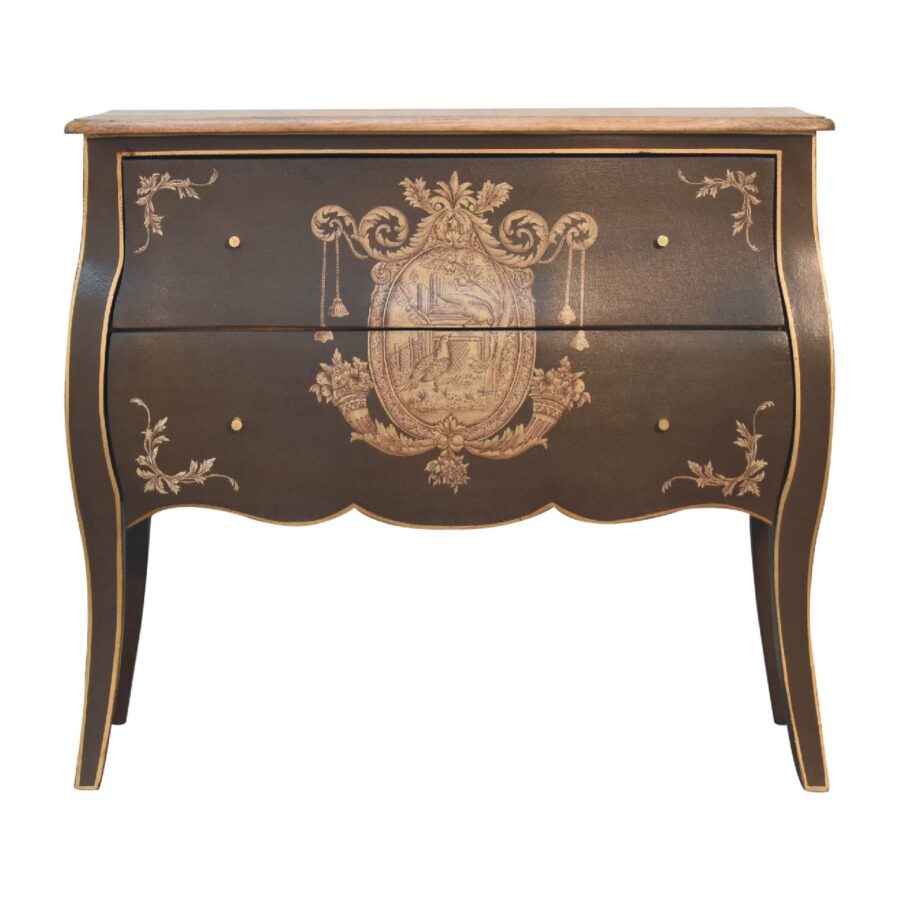 Antique inlaid wooden console table with ornate design.