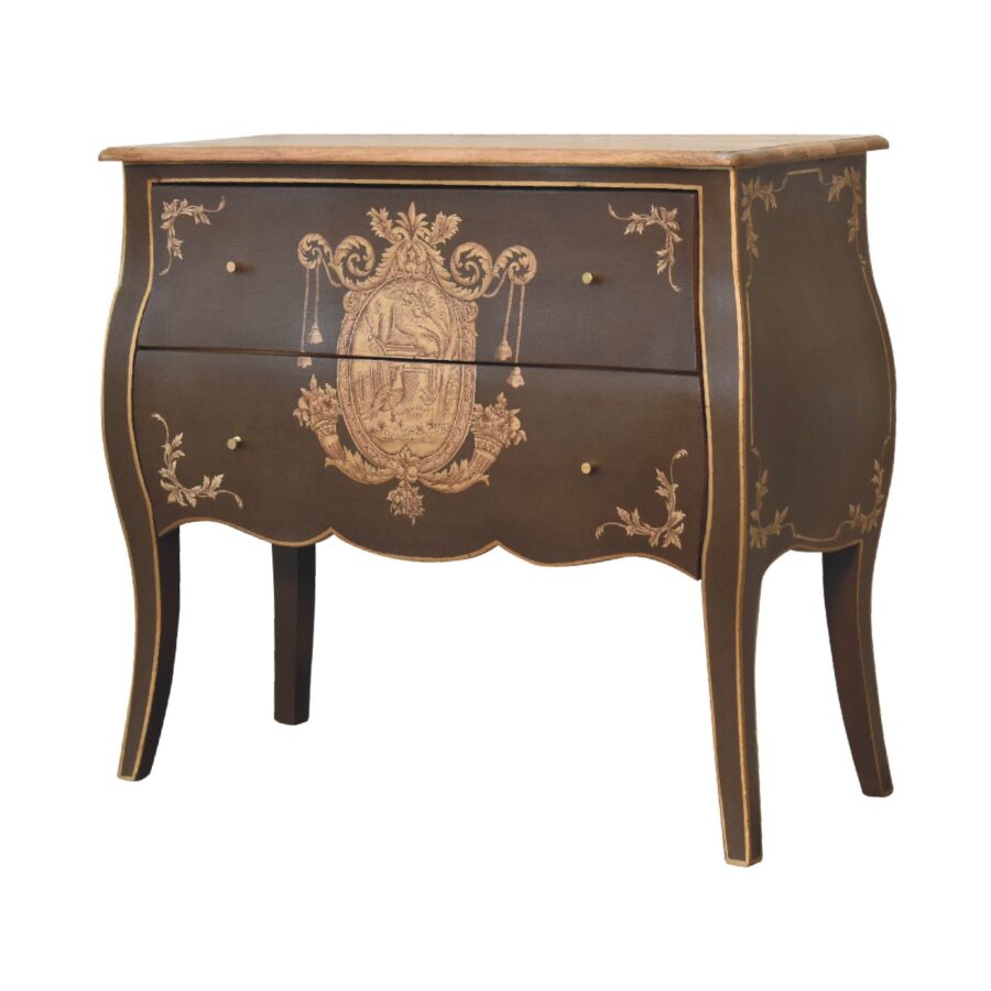 Antique-style brown inlaid wooden commode with ornate crest.