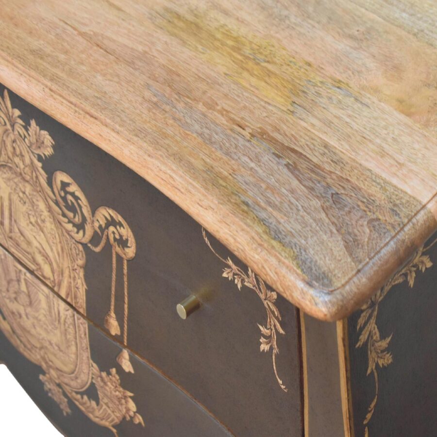 Vintage wooden carved drawer close-up.
