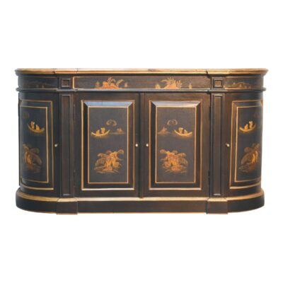 Antique curved wooden sideboard with ornate gold inlay.